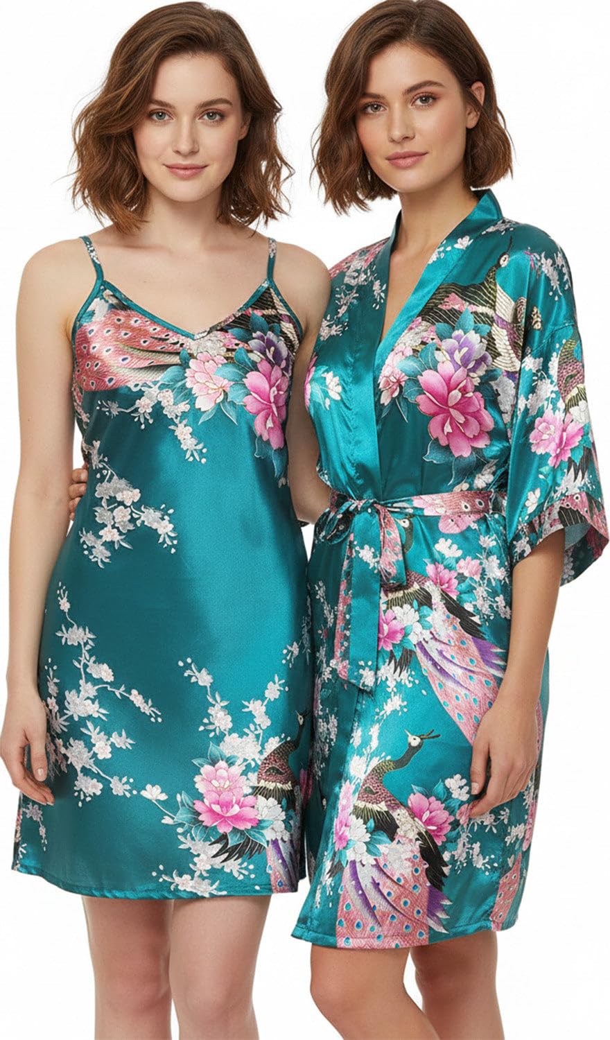 Trifolium Kimono Robe And Chemise Silky Peacock Satin Nightgown Bathrobe Wedding Negligee Nightdress
