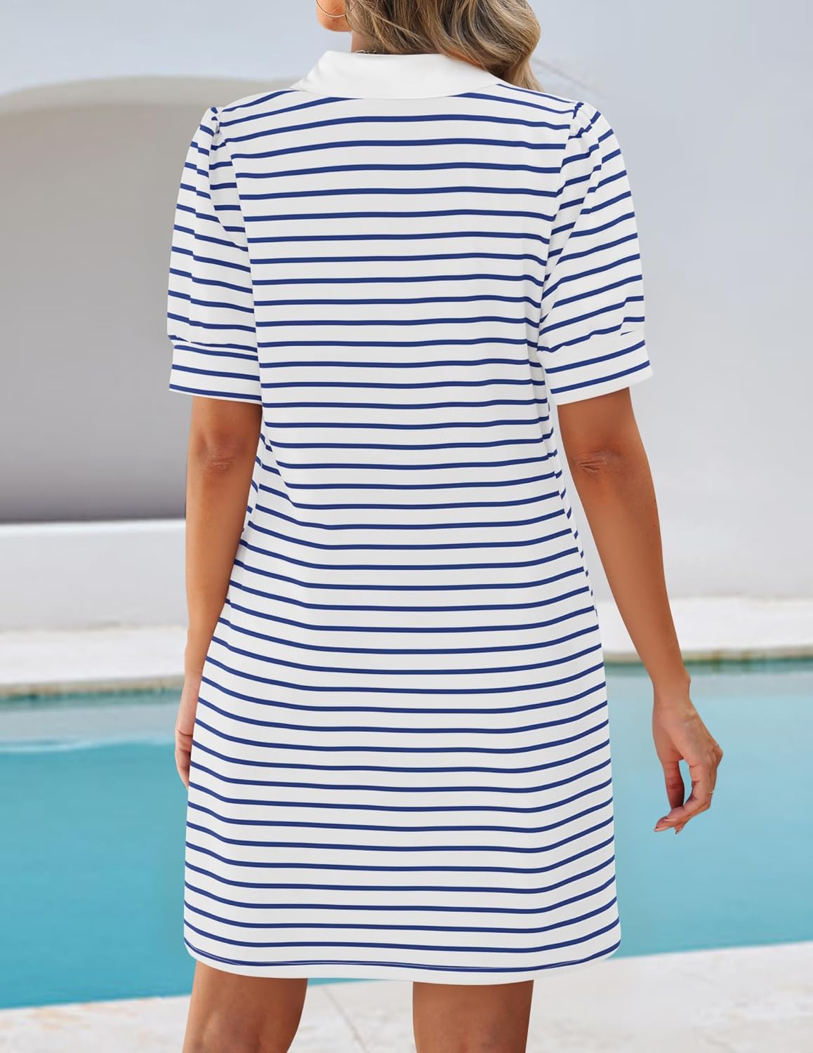 ZESICA Womens Summer Striped T Shirt Mini Dresses 2026 Casual Lapel V Neck Short Sleeve Flowy A Line Beach Vacation Dress - Image 3