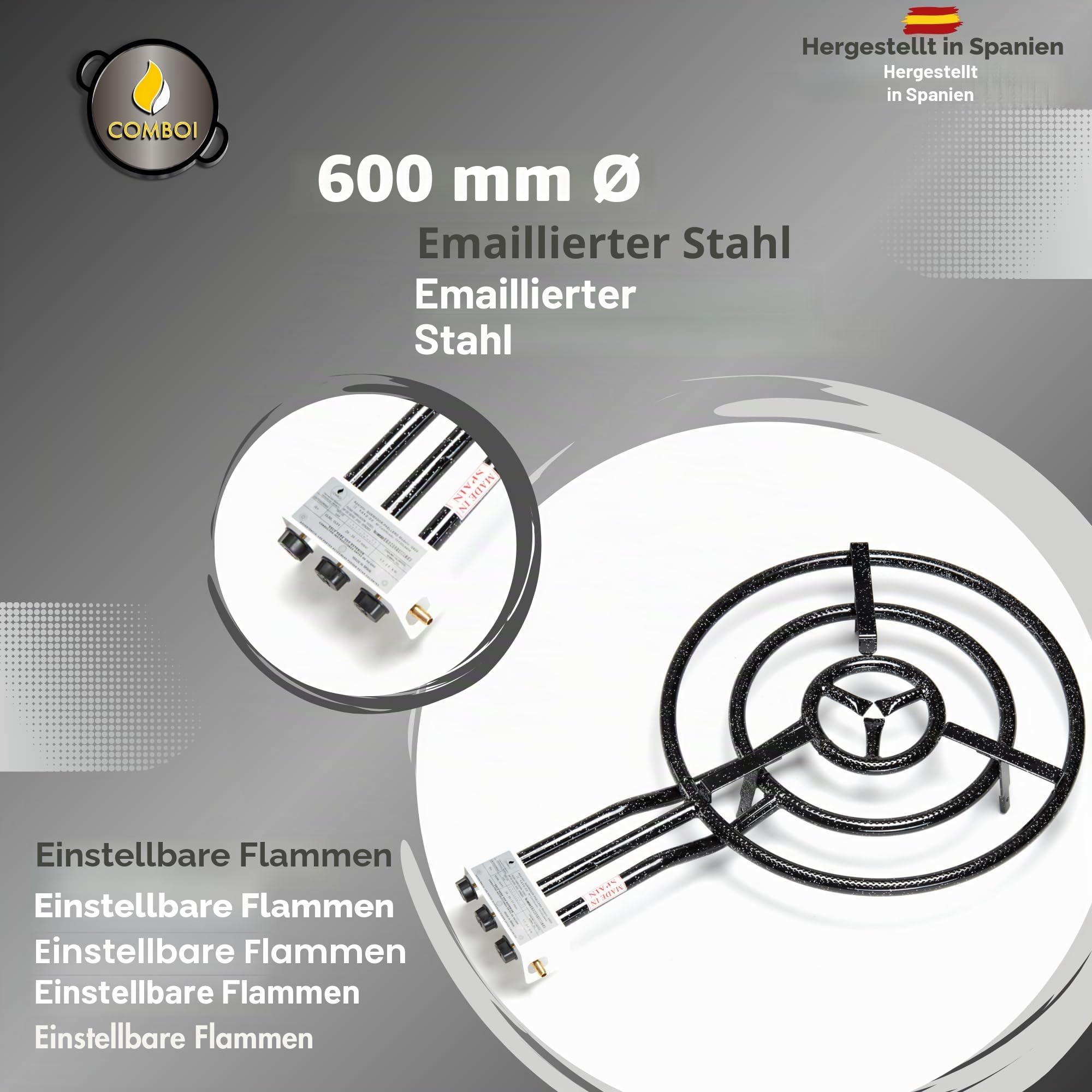 COMBOI - Paella-Set für Butangas, 60 cm Brenner + 42 cm Pfanne, verstärkte Füße, Wasserwaage, Schürze, digitales Rezeptbuch