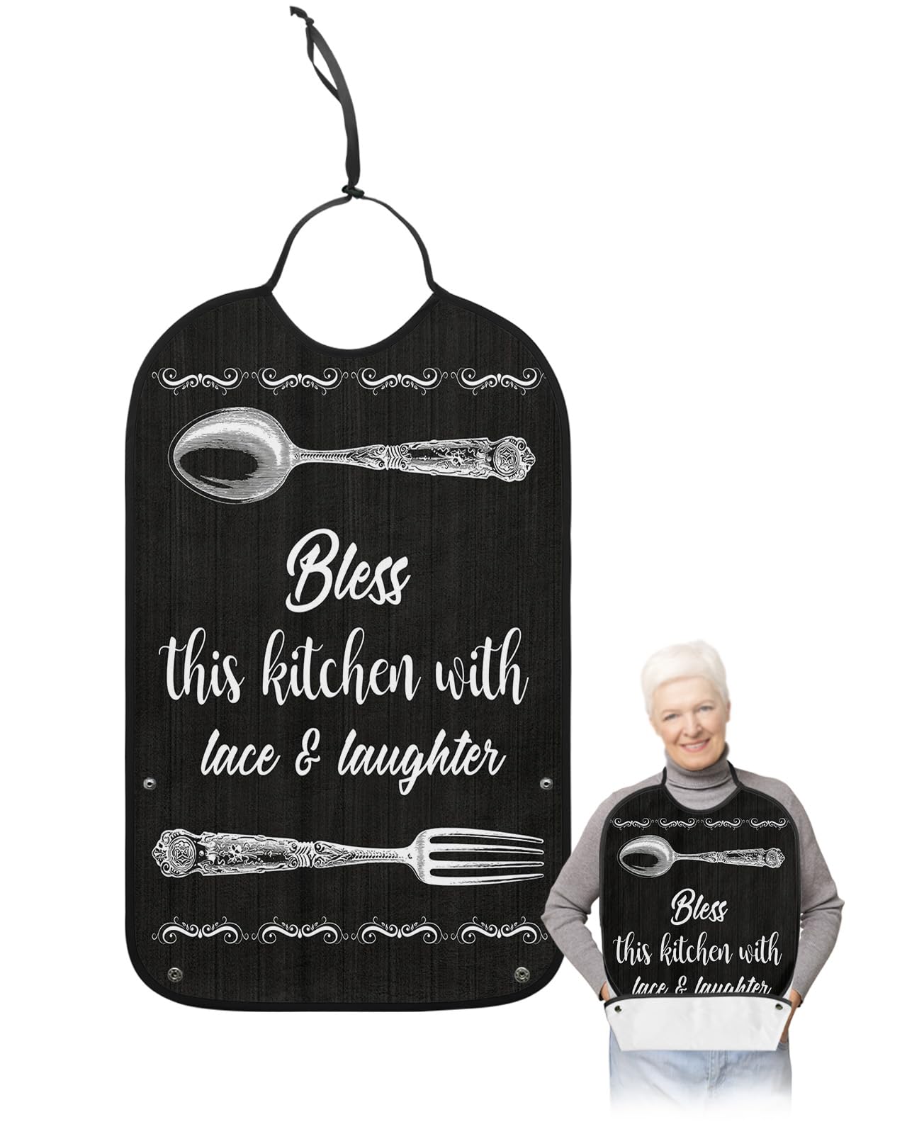 LEOKOTI Vintage Fork and Spoon Adult Bibs for Eating, Waterproof Bibs with Food Catcher & Adjustable Snap Closure, Motto Bless The Kitchen with Lace Laughter Black Wood Clothing Protectors Adult Bibs