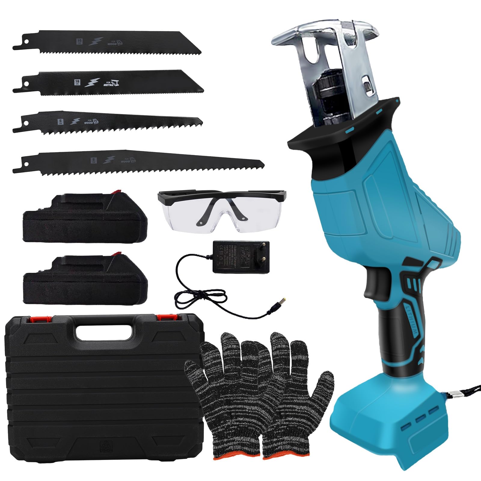 Sierra Alternativa Inalámbrica Compatible con Makita 18V, Sierra Sable Eléctrica Velocidad Variable, Sierra Manual con Cambio Hoja sin Herramientas, para Metal, Tuberías, Poda Árboles (Dos baterías)