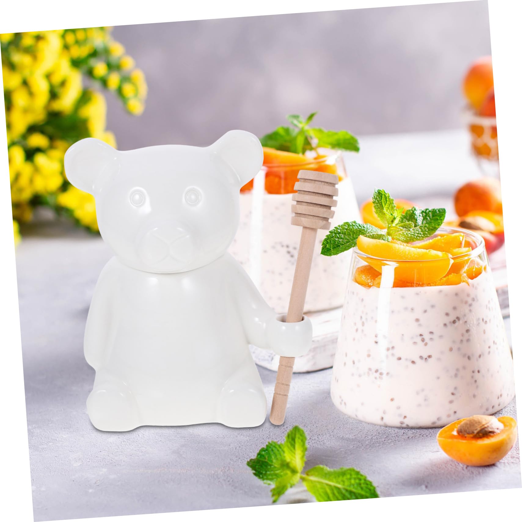 Mikinona 1Set Ceramic with Dipper Stick Bear Shape Honey Container Cute Honey Pot for Kitchen Storage for Honey and Jam Embossed Design