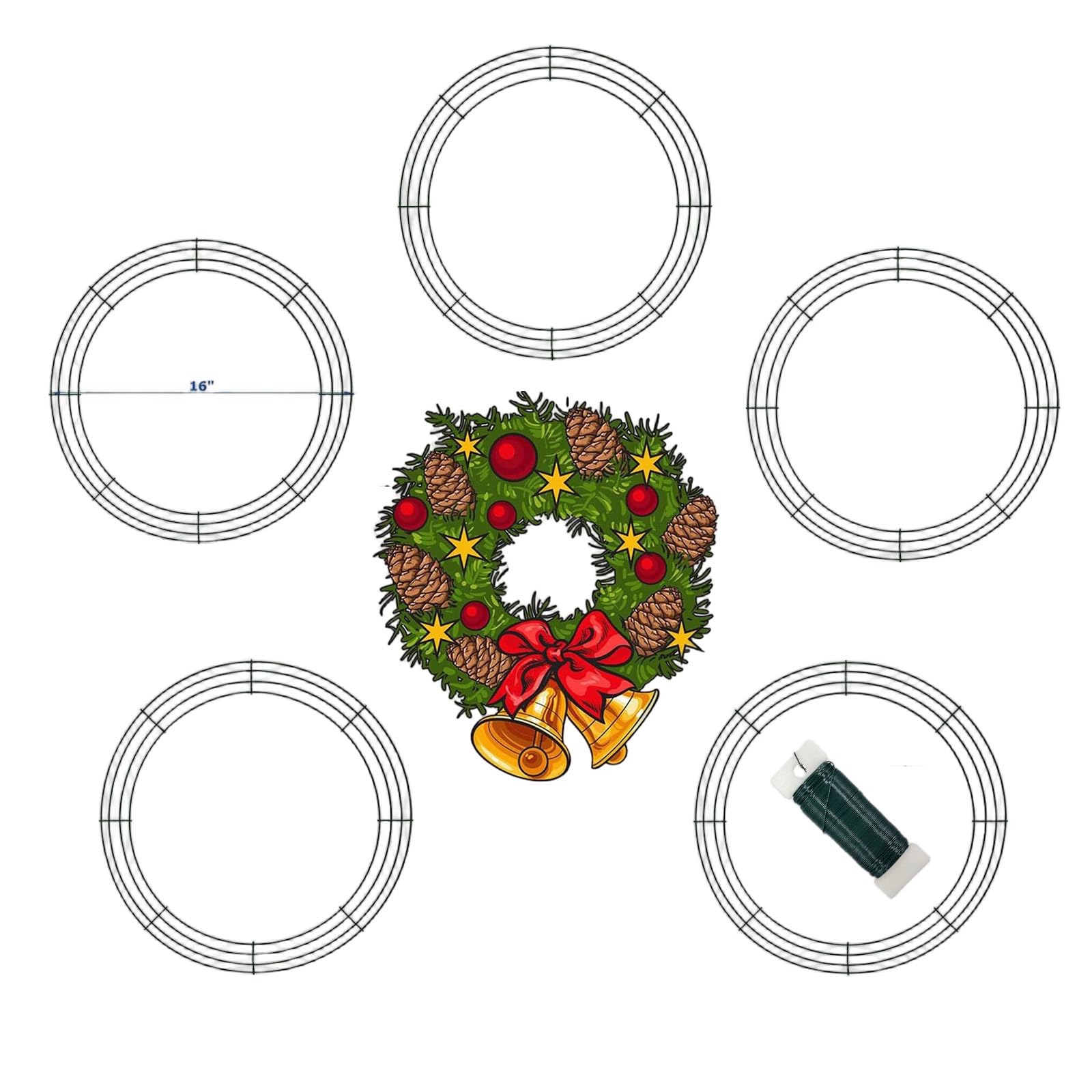16 Inch Christmas Green Wire Wreath Frame,5 Pack Metal Front Door Wreath Round Form Iron Ring for Christmas, New Year Decors, Crafts, DIY, Holidays, Events