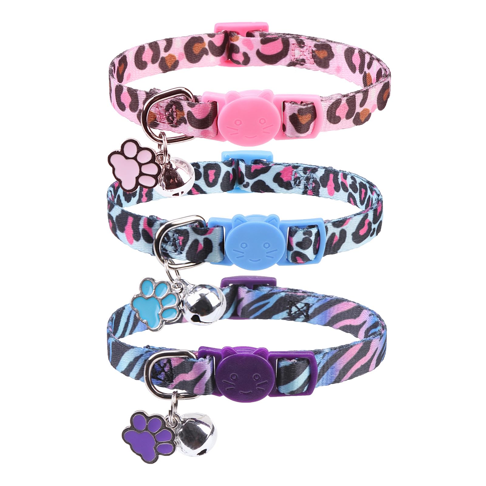 SCENEREAL Breakaway Cat Collar with Bells, Safety Buckle Soft Adjustable Cute Cats Collars for Summer, Kitten Puppy Personalised Leopard and Tiger