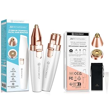 VG VOGCREST 2 in1 Trimmer with Replacement Heads - Rechargeable Facial Hair Removal and Eyebrow Shaver - Face Lips Body Painless Facial Razor with Built-in LED Light White