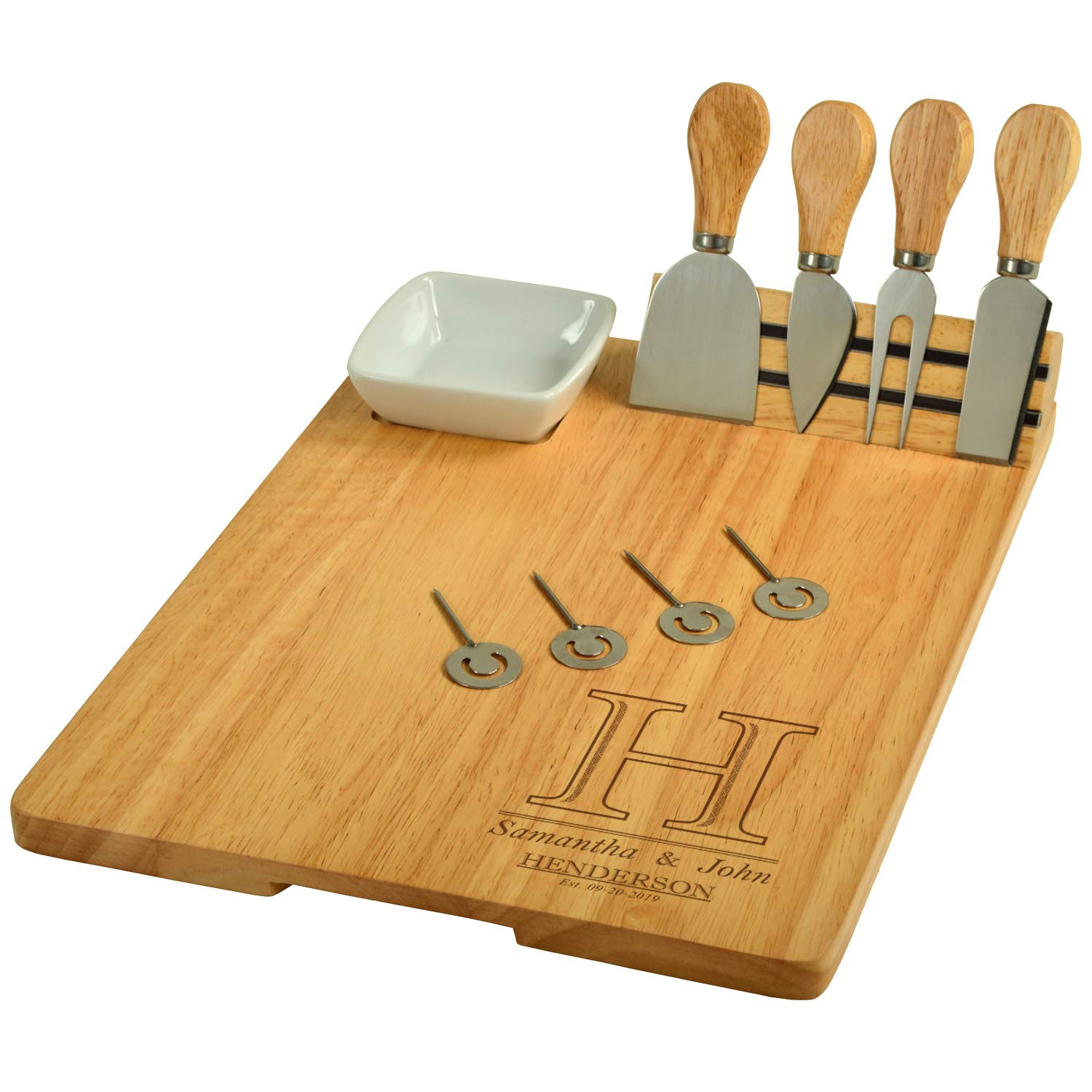 Custom Personalized Engraved Hardwood Cutting Board with Cheese Knives, Cheese Markers & Ceramic Dish - Designed and quality Checked in The USA