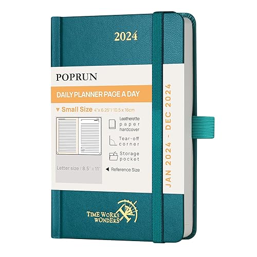 POPRUN 2024 Pocket Diary A6 Day To Page Hardback Small Appointment Diary, 24 Daily Planner Page A Day, Hourly Time Slot, Inner Pocket, FSC® Paper - Pacific Green