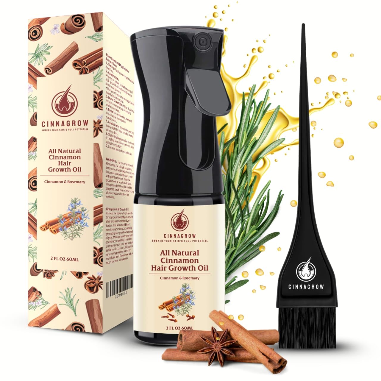 Hair Growth Oil with Rosemary & Cinnamon – Thicker Hair, Scalp Nourishment & Strength – Lightweight, Non-Greasy, Fast Absorbing Formula – 60 ml (2 fl oz) Bottle with Pump Dispenser