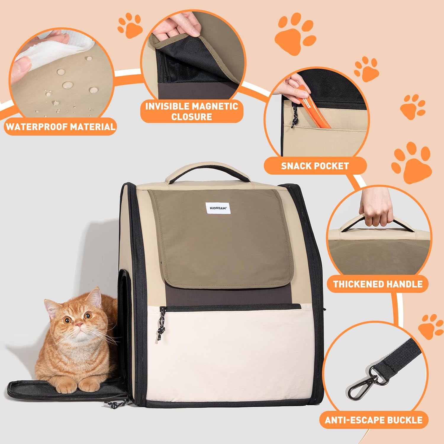 ETIAL Large Space Pet Backpack for Cats and Small Dogs – Adjustable Roll-Up Skylight, Ventilated Mesh, Anti-Escape Zipper, Waterproof Carrier for Travel, Hiking, Car Rides, and Outdoor Adventures