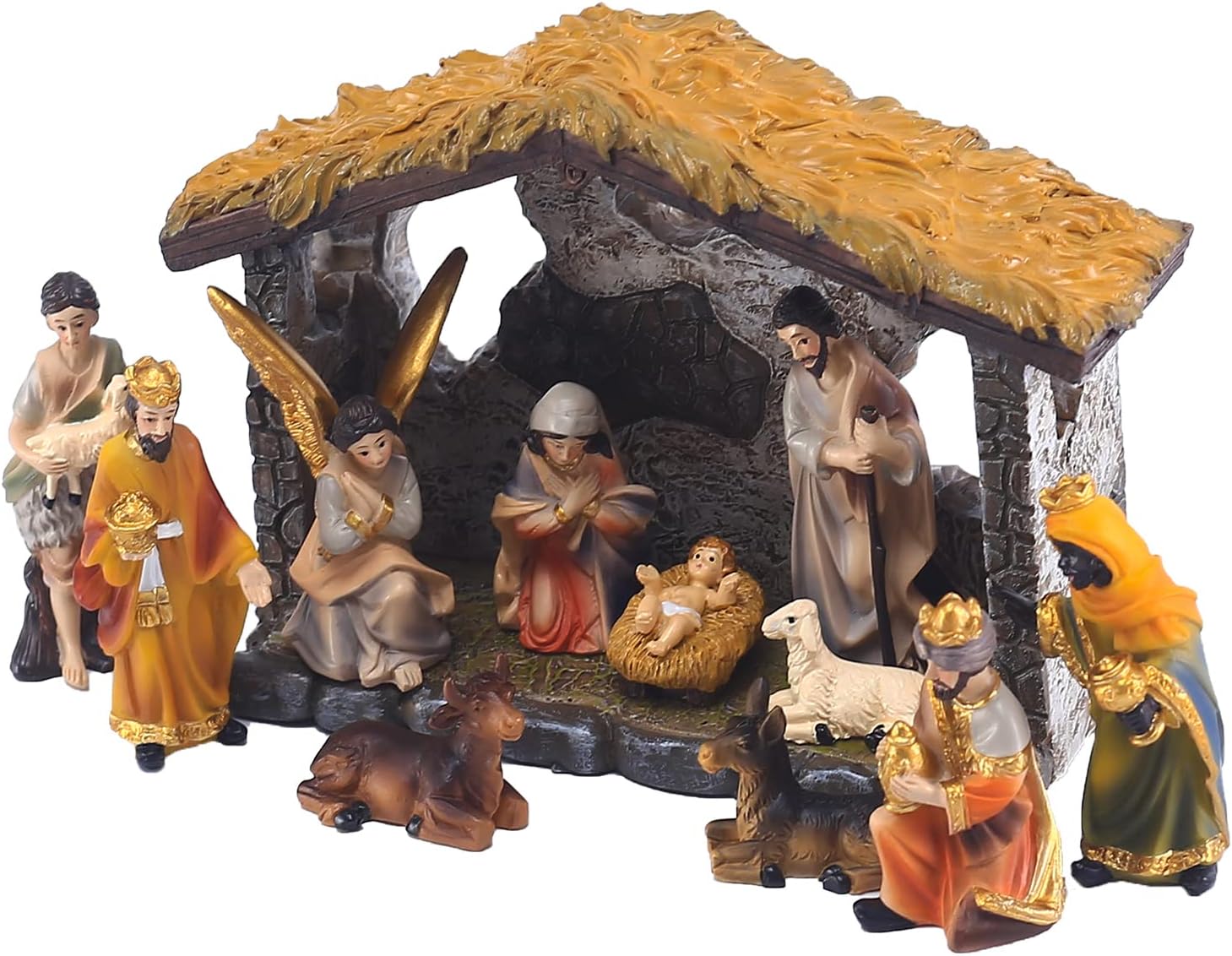 MACLARONX Nativity Set 12-Piece Christmas Nativity Scene Figurine with Stable Indoor Tabletop Home Decor Jesus Birth Scene Hand-Painted Collectible