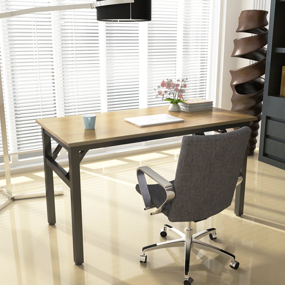 DlandHome Mesa Plegable Mesa de Ordenador Escritorio de Oficina 100x60cm Mesa de Estudio Puesto de Trabajo Mesas de Recepción Mesa de Formación,Teca/Negro