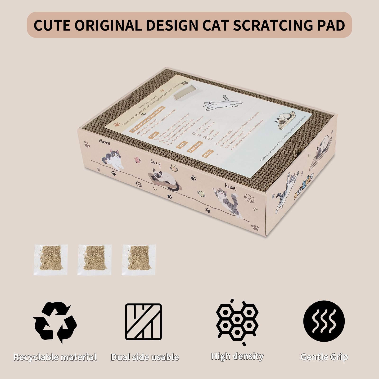 Confezione da 3 tappetini tiragraffi per gatti con scatola, in cartone ondulato, reversibile, con erba gatta, design per gatti e gattini, misura media