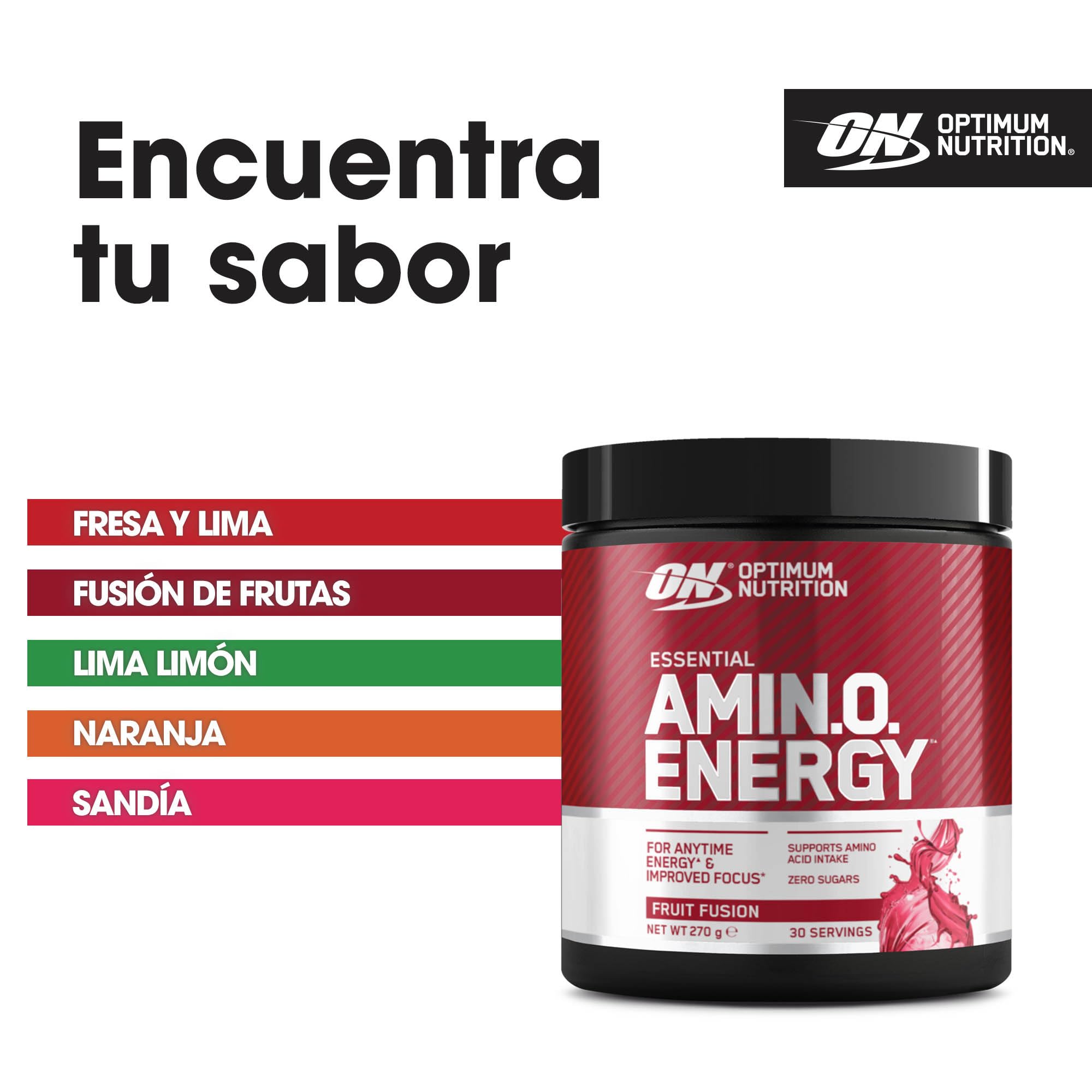 Optimum Nutrition Amino Energy Polvo Pre Entrenamiento, Bebida Energética con Aminoácidos, BCAA, L-Glutamina y L-Leucina, Complemento con Vitamina C y Cafeína, Sabor Fruit Fusion, 30 Porciones, 270 g