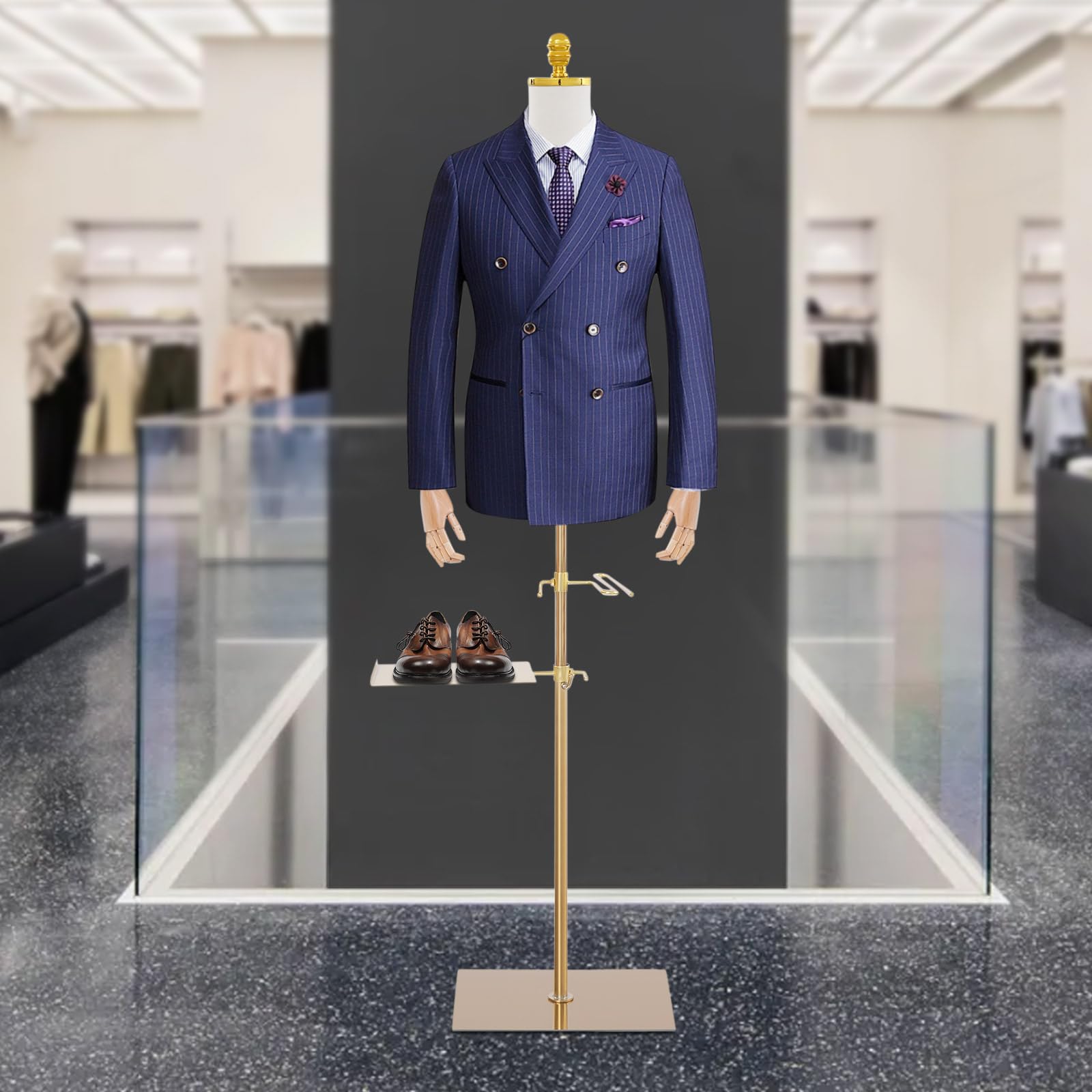 Schaufensterpuppe Männliche Verstellbare Höhe 70-130cm Mannequin Herren mit Holz Armen + Hosenständer + Schuhständer Kleiderform Verstellbarem Torso & Pose Kleiderpuppe für Boutiquen, Geschäfte