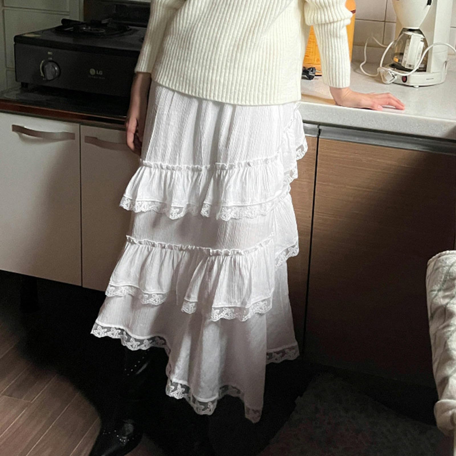 Falda de Encaje con Retazos de Encaje para niñas, Elegante, de Moda, Larga, de Princesa, Color Blanco, Talla S