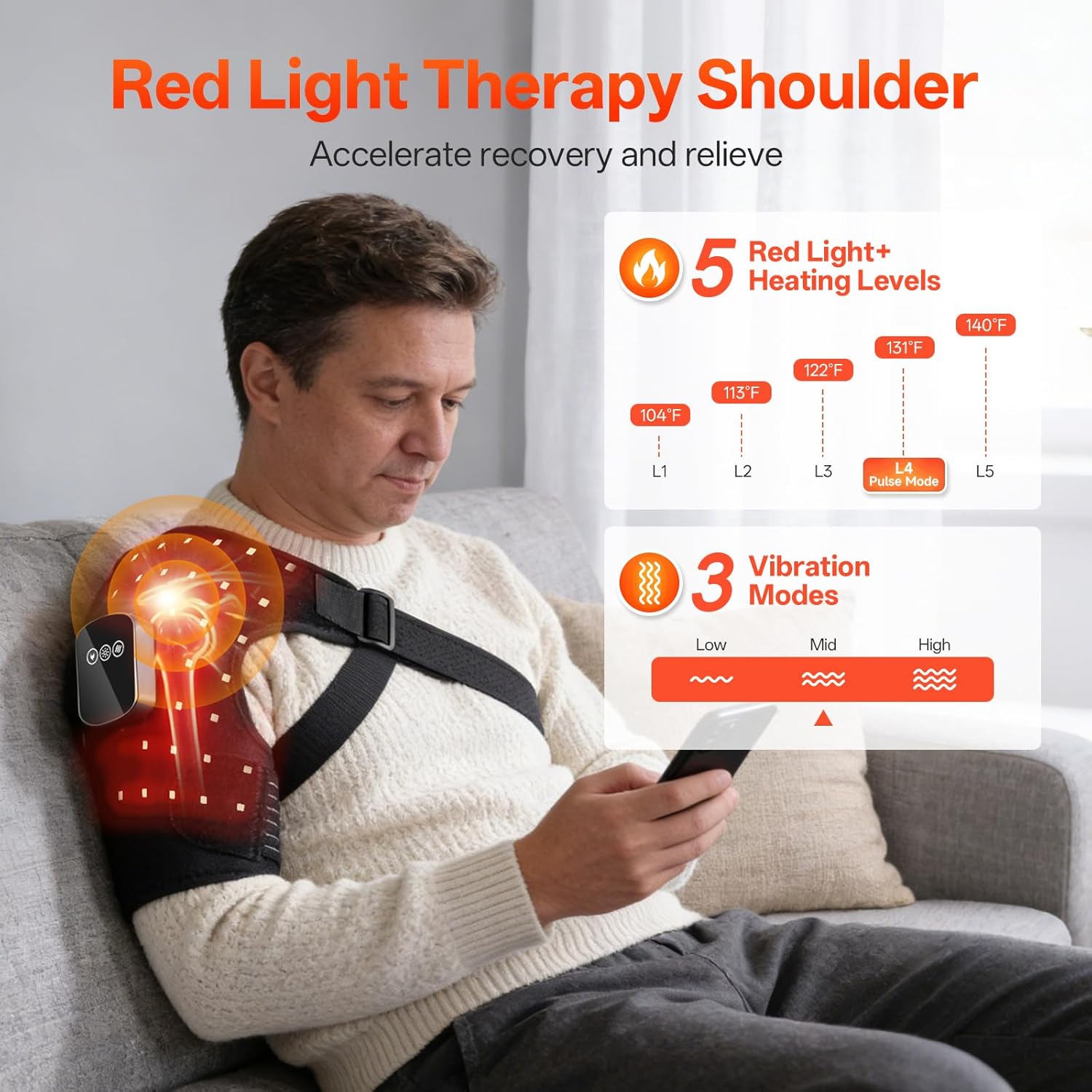 Kammoy Red Light Therapy for Shoulder with Heat & Massage, 6 Modes, 5000mAh Cordless Controller, 228 LEDs 660nm & 850nm, Portable Heated Shoulder Wrap, 120–480 Min Runtime (Black)
