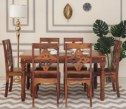 Advika Handicraft Sheesham Wood Almora 6 Seater Dining Table Set Honey Finish