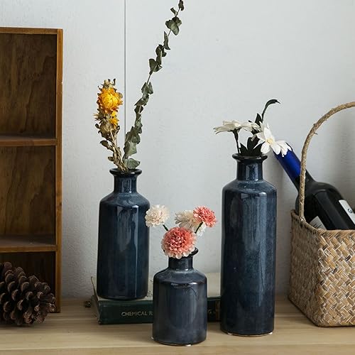 Miniatura 3 de Juego de 3 jarrones pequeños de cerámica azul, casa de campo moderna para botellas de decoración del hogar, jarrones decorativos rústicos de