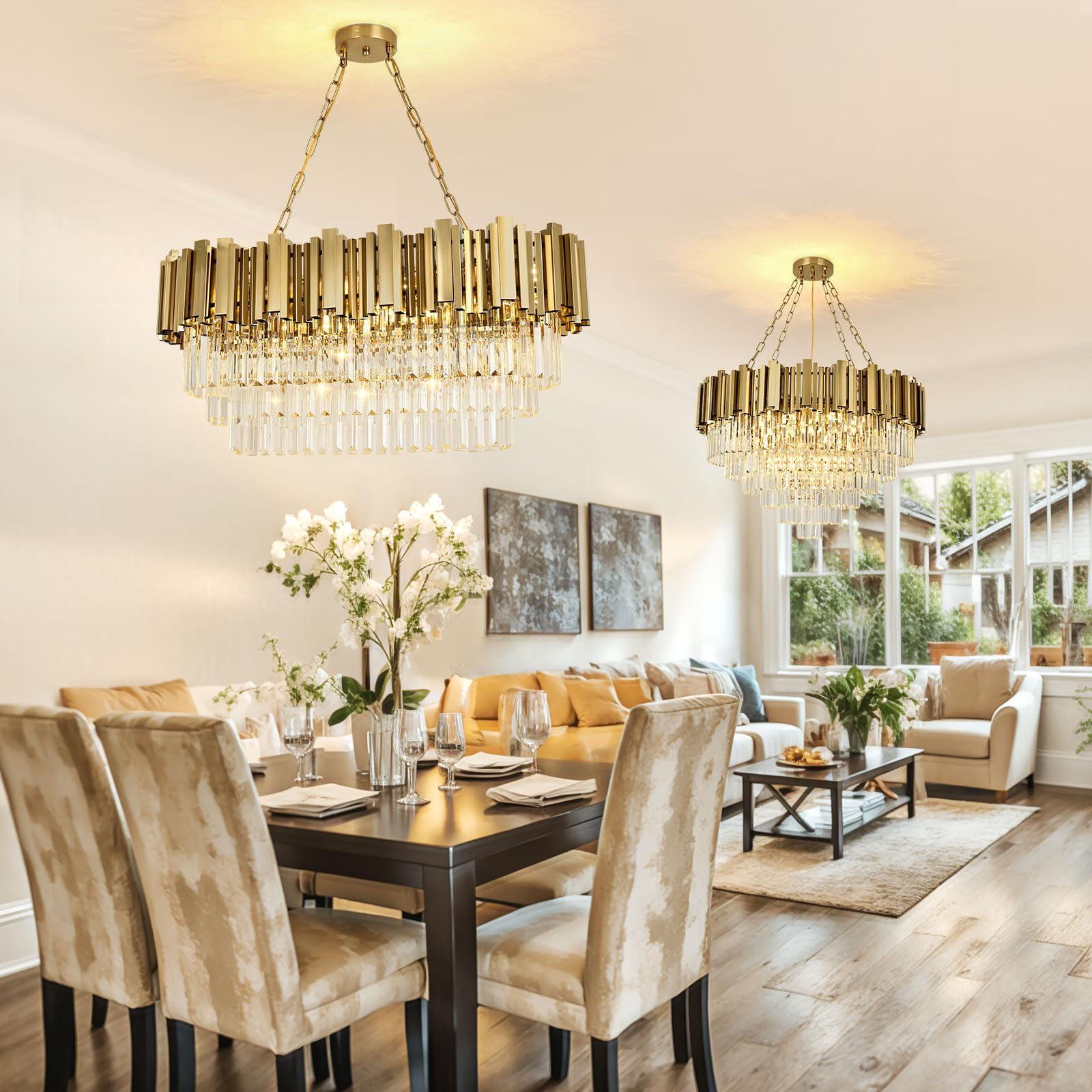 Lampadario moderno in cristallo oro, illuminazione a sospensione ovale in cristallo per soggiorno, sala da pranzo, camera da letto, ristorante, E14 x 8, 80 x 35cm