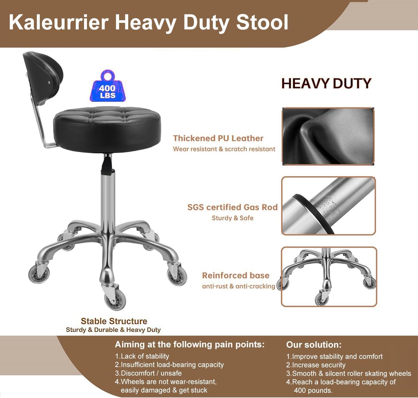 Kaleurrier Swivel Stool Chair Adjustable Height,Heavy Duty Hydraulic Rolling Metal Stool for Kitchen,Salon,Bar,Office,Massage (with Back Rest) (Black) - Image 7