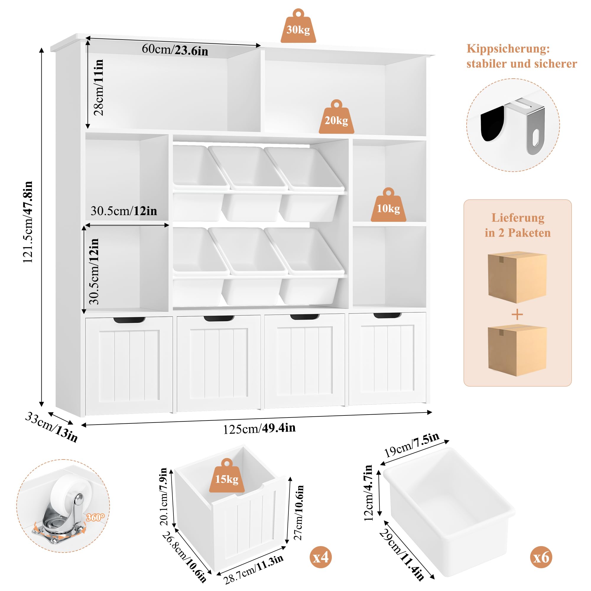 FOREHILL Kinderregal mit 4 Boxen auf Rollen, Kinderzimmer Möbel Kinderbücherregal Spielzeugregl Aufbewahrungregal Bücherregal für Kinder Kinderschrank mit 4 Ebenen & 6 Kunststoffbox Weiß 125x33x121cm