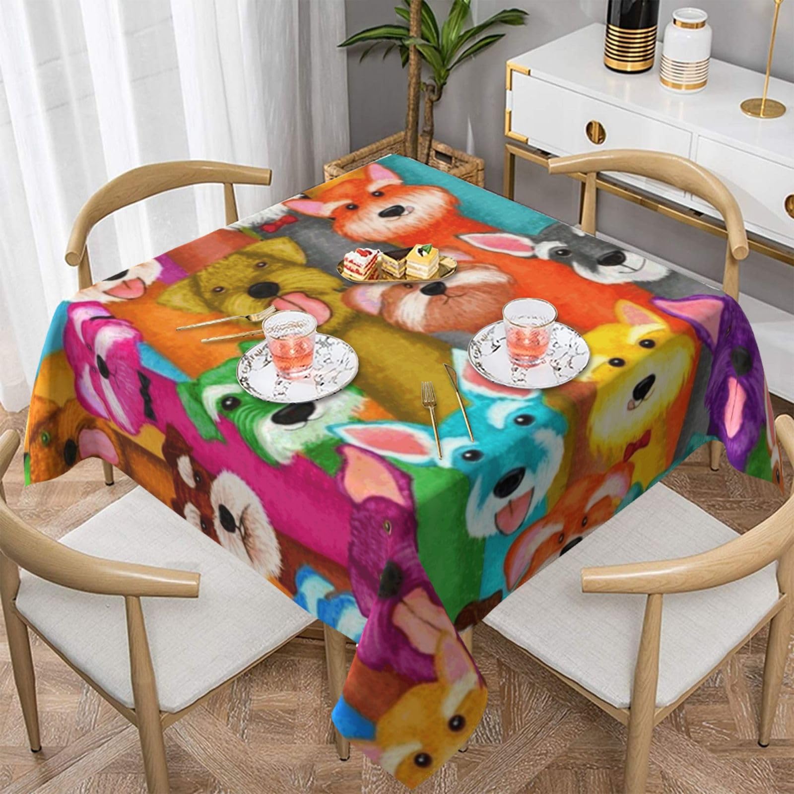 DCEHGEW Dogs Prints Square Tablecloth 152x152 CM, Waterproof Fabric Table Cloth for Dining Table, Farmhouse Table Cover for Kitchen Dining Tabletop Decoration