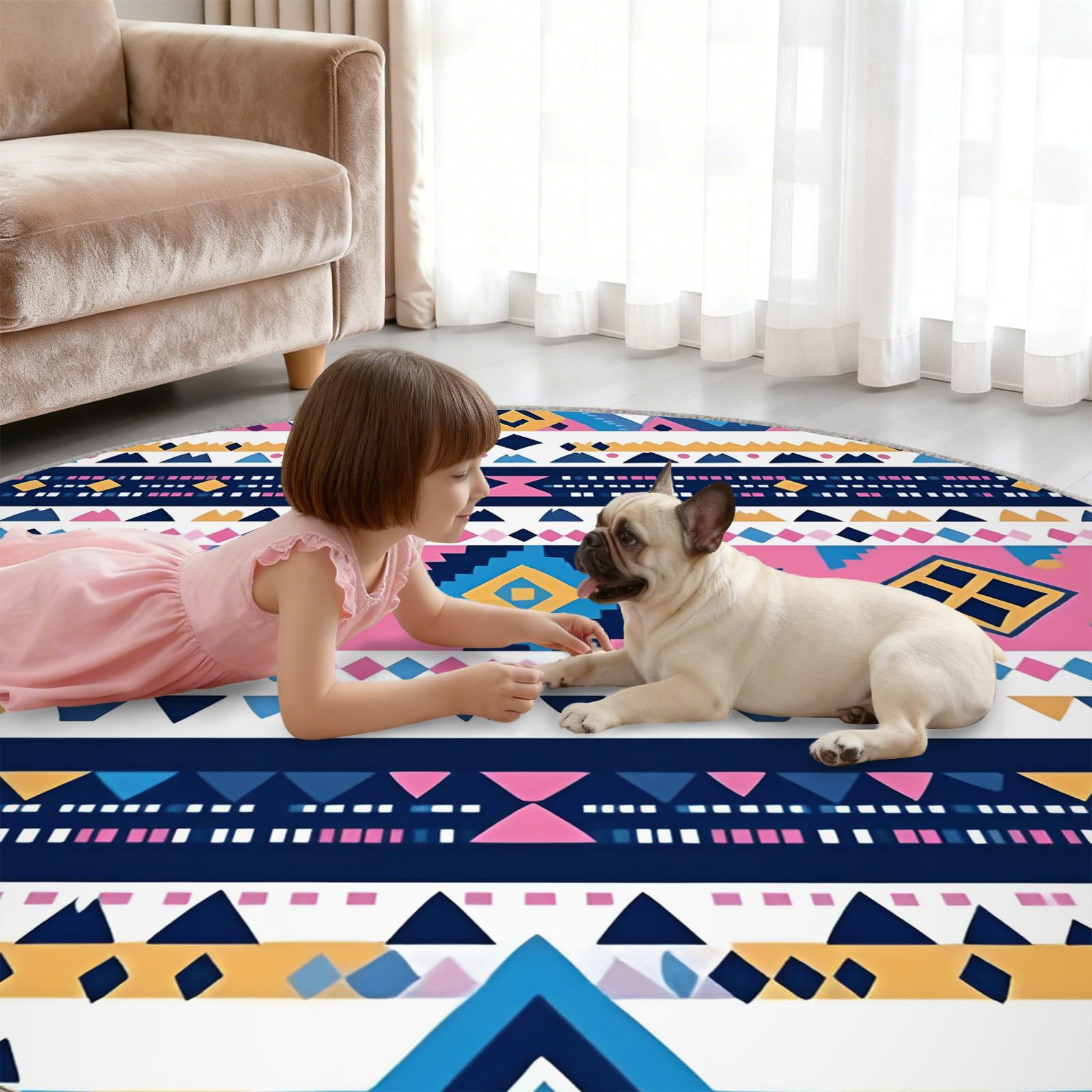 Tapis rond aztèque – Tapis géométrique tribal pour cuisine, ethnique bohème – Tapis circulaire pour salle à manger – Tapis lavable antidérapant coloré sud-ouest – 1,5 m