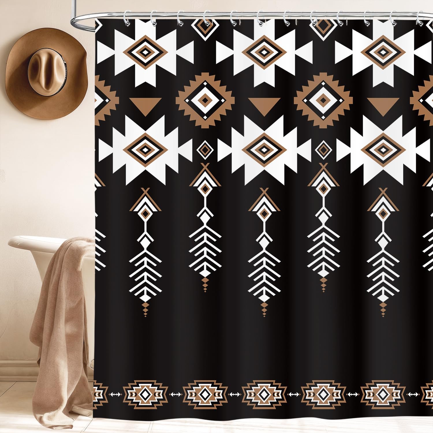 Black Western Aztec Shower Curtain, Vintage Abstract Geometric Cowboy Shower Curtains Set, Boho Southwestern Tribal Native Neutral Fabric Shower Curtains for Bathroom with Hooks 72X78IN Brown