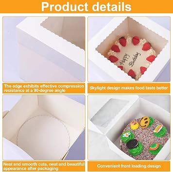 4 Pcs White Cake Boxes with Window and Cake Boards, 8 Inch Cakes Box, Cakes Containers with Removable Lids, Cardboard Square Baking Boxes, for Bakery, Cookies, Dessert, Wedding, Birthday Party