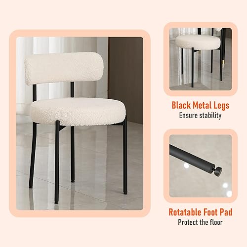 Miniatura 5 de Juego de 2 sillas de comedor blancas, modernas sillas de comedor Boucle, silla tapizada de boucle, respaldo curvado, sillas de cocina y comedor,