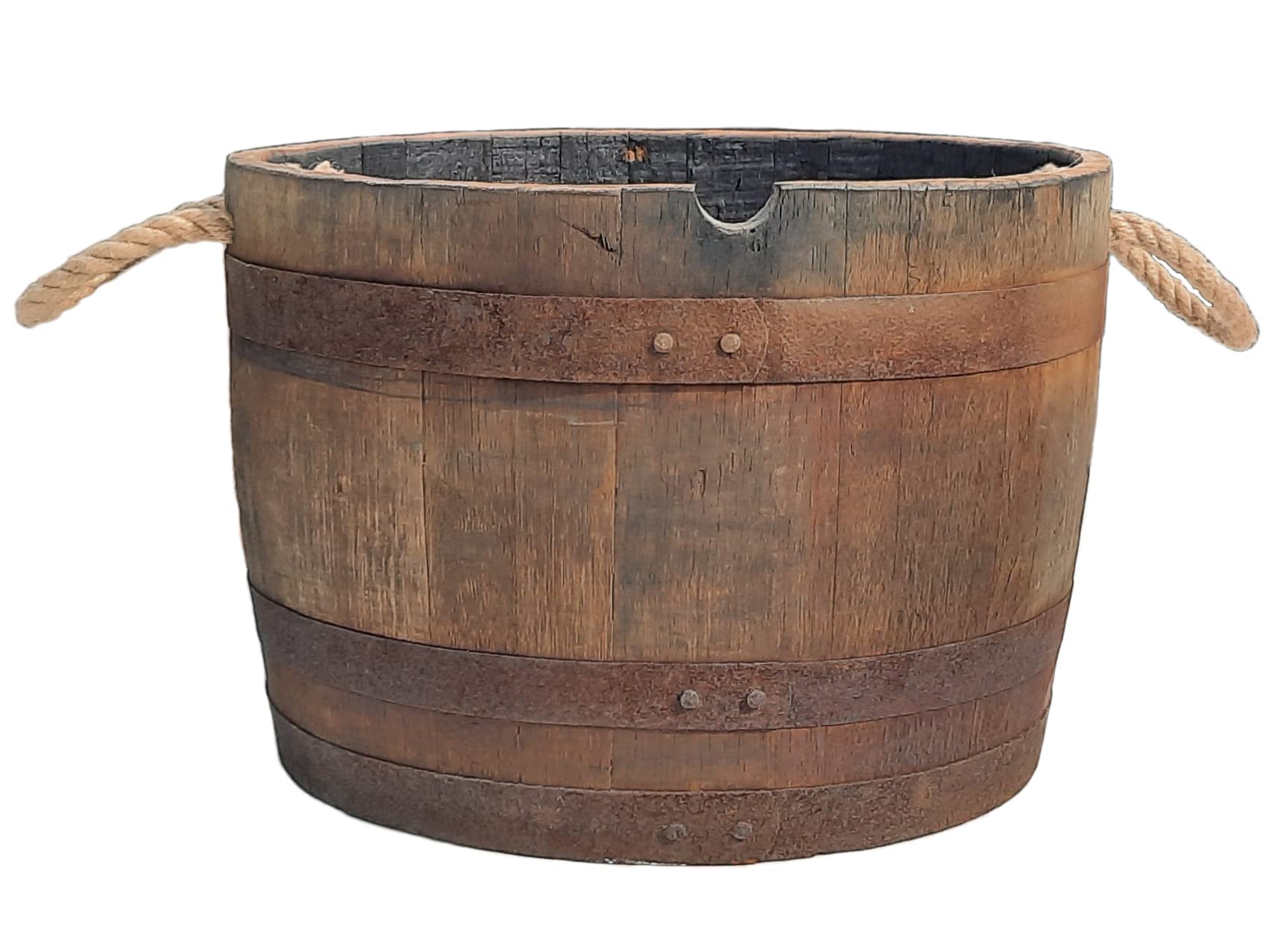 Whisky Barrel Half Wine Barrel Oak Plants Flowers Pot Olive Tree Palm (Natural, with Sturdy Holding Loops)