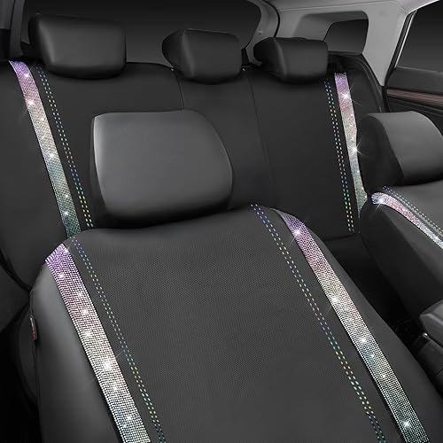 Miniatura 67 de CAR PASS Funda de asiento trasero de cuero y diamantes de imitación brillantes, impermeable, diseño de diamante brillante, ajuste universal, tiras