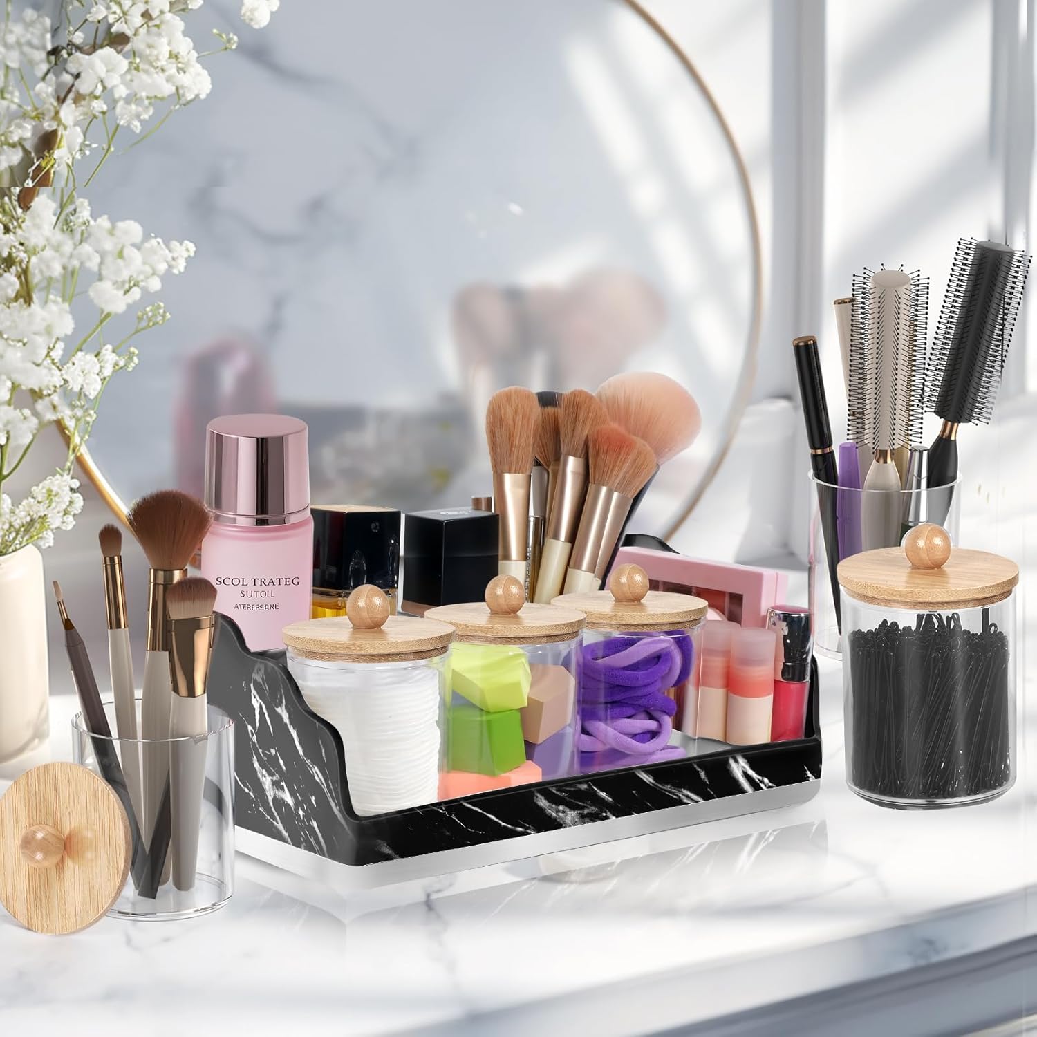 TuCao Marble Bathroom Countertop Organizer, Toothbrush Holders for Bathroom with 3PCS Qtip Holder Dispenser and Toothpaste Holder Drainage for Bathroom Accessories Organization Counter Vanity Storage