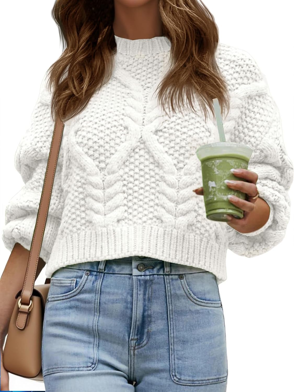 Saodimallsu Womens Cable Knit Cropped Sweater Fall Chunky Puff Long Sleeve Crewneck Loose Casual Pullover Tops