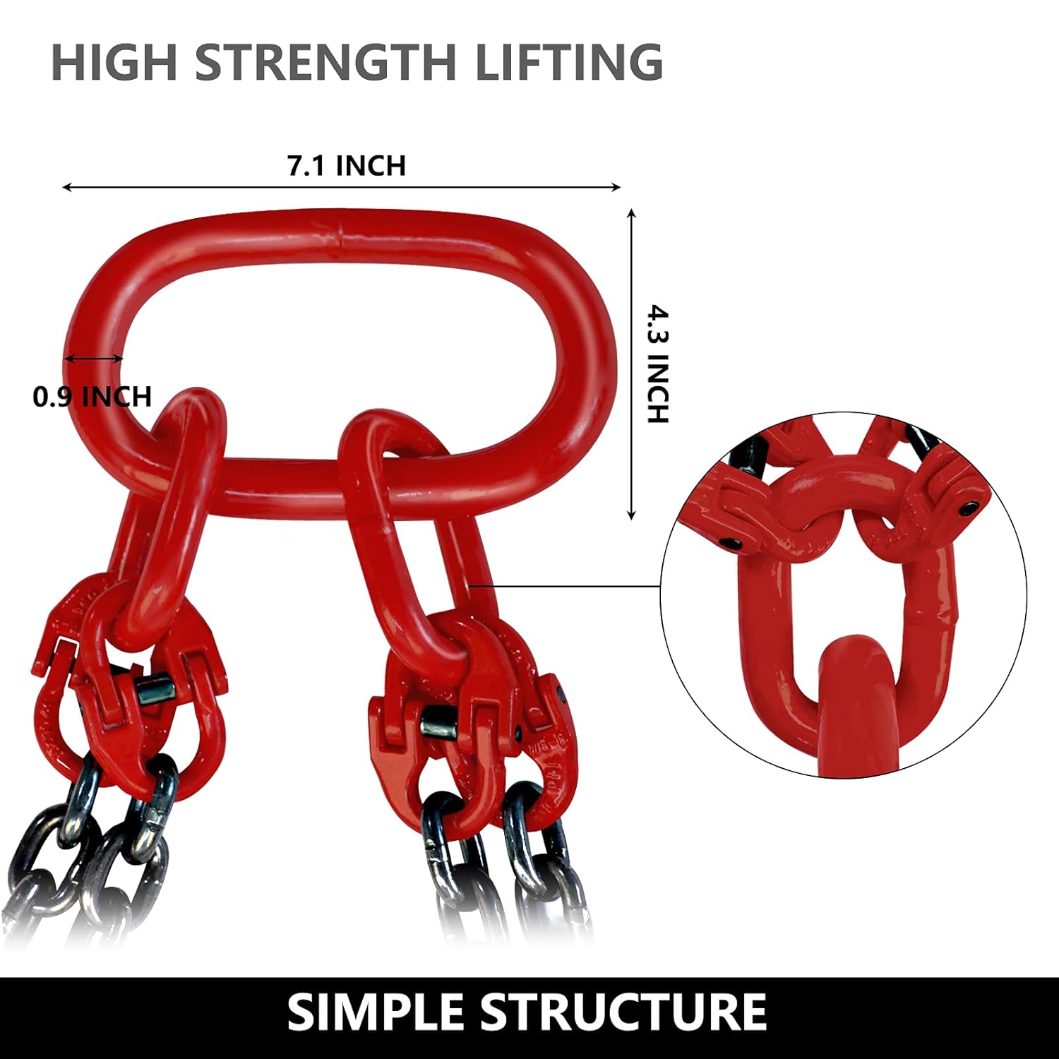SCIEO Chain Sling 5/16 Inch x 10 Ft Quad Leg Lifting Chain with 4 Leg Grab Hooks and Adjusters, G80 Heavy Duty Lift Sling Chains for Engine Hoist 5 Ton Capacity,10FT