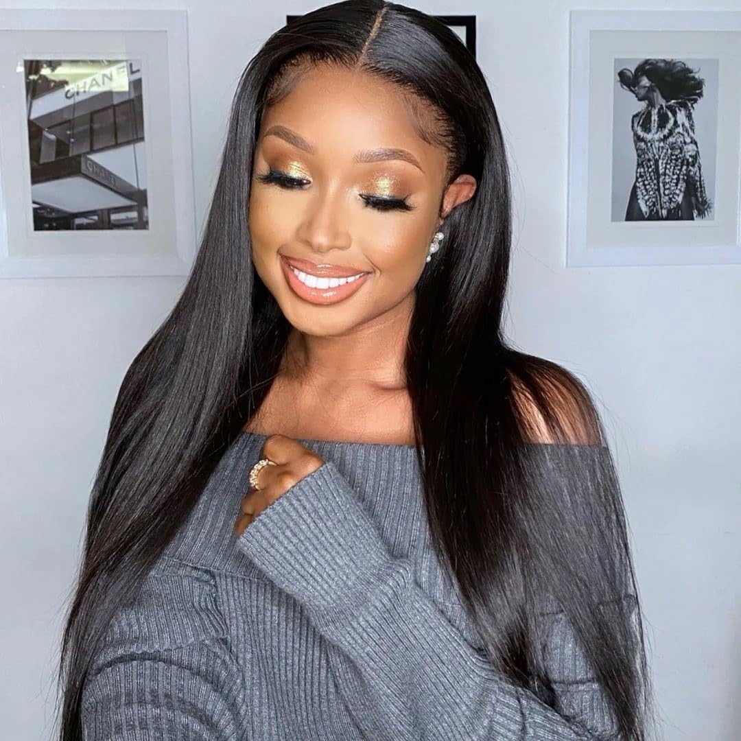 Lace Front Wigs for Black Women 13X6 Long Layered Straight Wig with Baby Hair Synthetic Hair Soft As Human Hair 24 Inch 1B Black Pre Plucked Bleached Knots Glueless Wig (Natural Black)