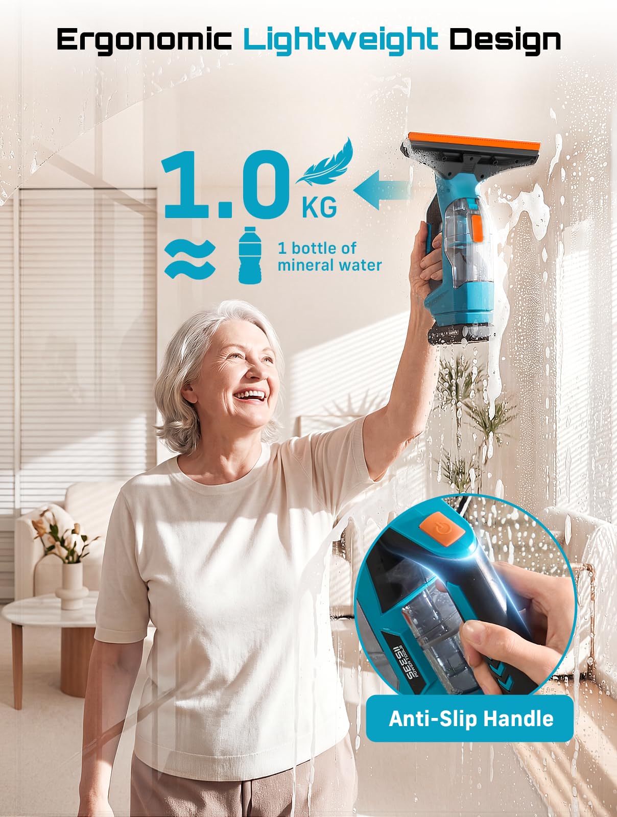 Seesii Nettoyeur de Vitres sans Fil, Autonomie 120 Min, 2 Buses d'Aspiration 28-17 cm, Aspirateur de fenêtre, Réservoir Amovible de 150 ML, Convient pour fenêtres, Carreaux et miroirs