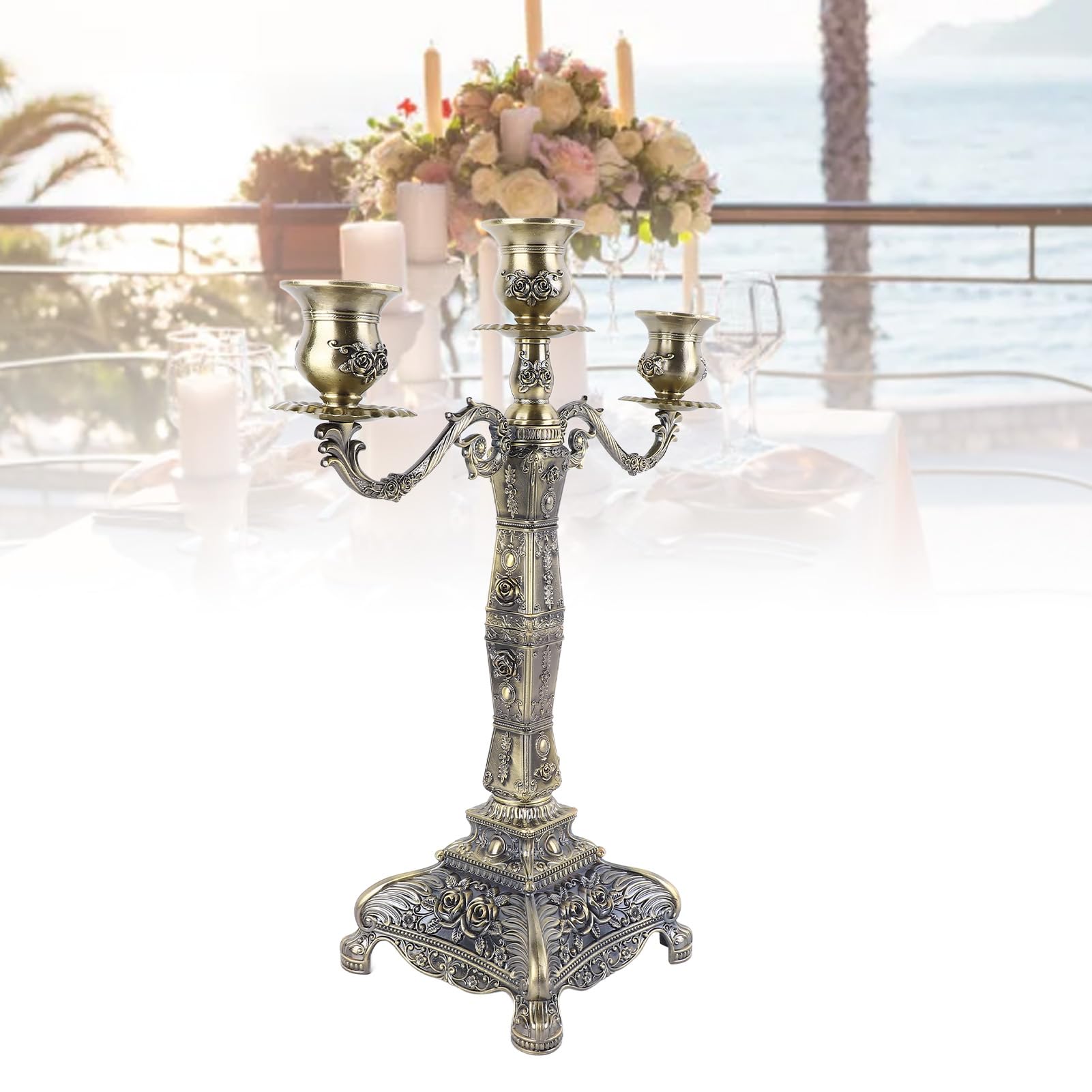 Candelabro a 5 bracci, portacandele a cono, supporto per candele retrò in stile europeo per matrimoni, tavoli da pranzo e feste di Natale. (Bronze Three Heads)