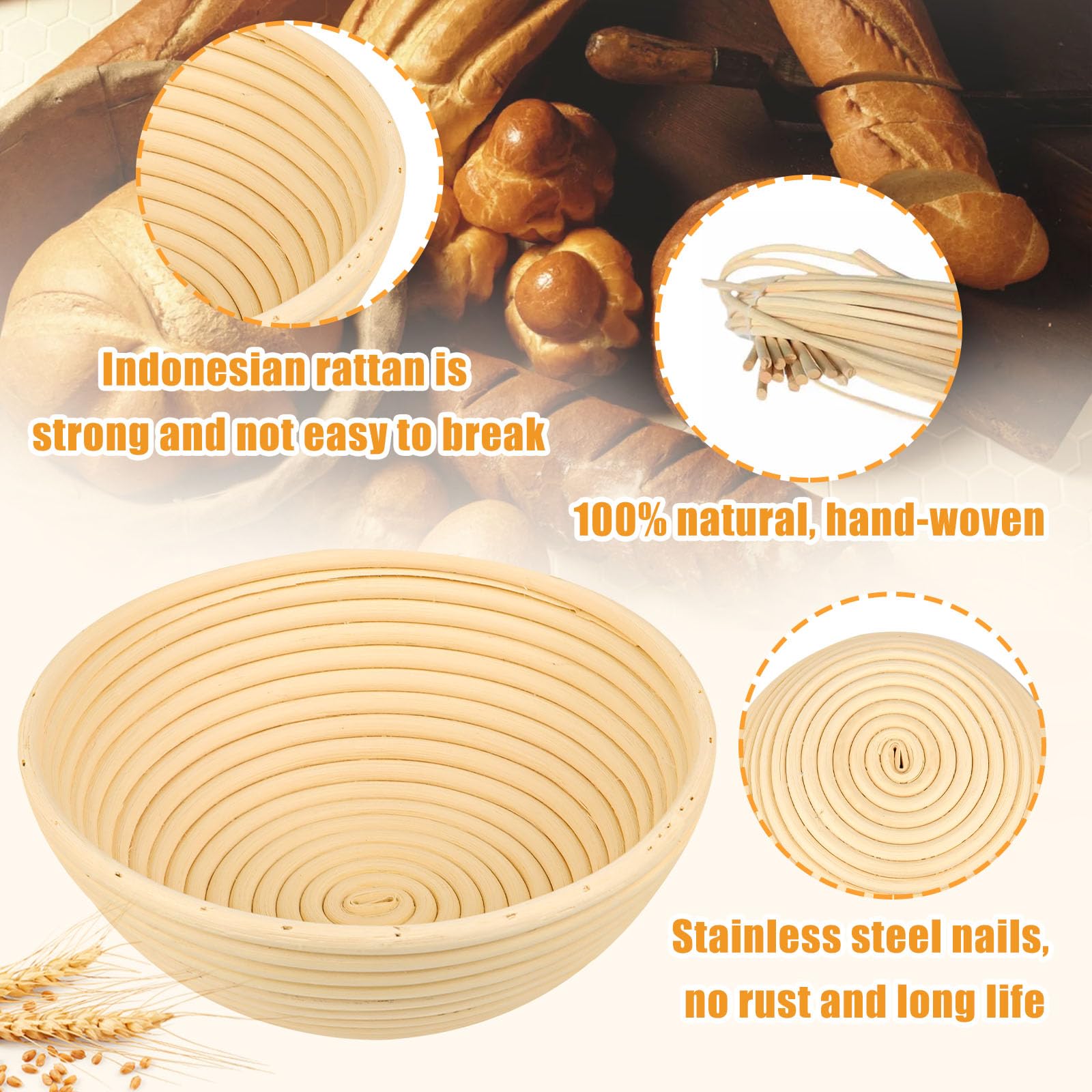 Cestino da Lievitazione per Pane, Cesto Lievitazione Pan in Rattan Naturale, 25cm Ovali e 23cm Rotondi Cestino Pane con Fodera in Lino, Frusta per Taglierino da pane+Raschietto Metallico