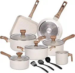 Jogo de Panelas 10 Peças Indução Cerâmica Antiaderente, Adequado para Fogão a Indução, Gás, Elétrico e Vitrocerâmico, Durável Lindas e Qualidade, Baunilha