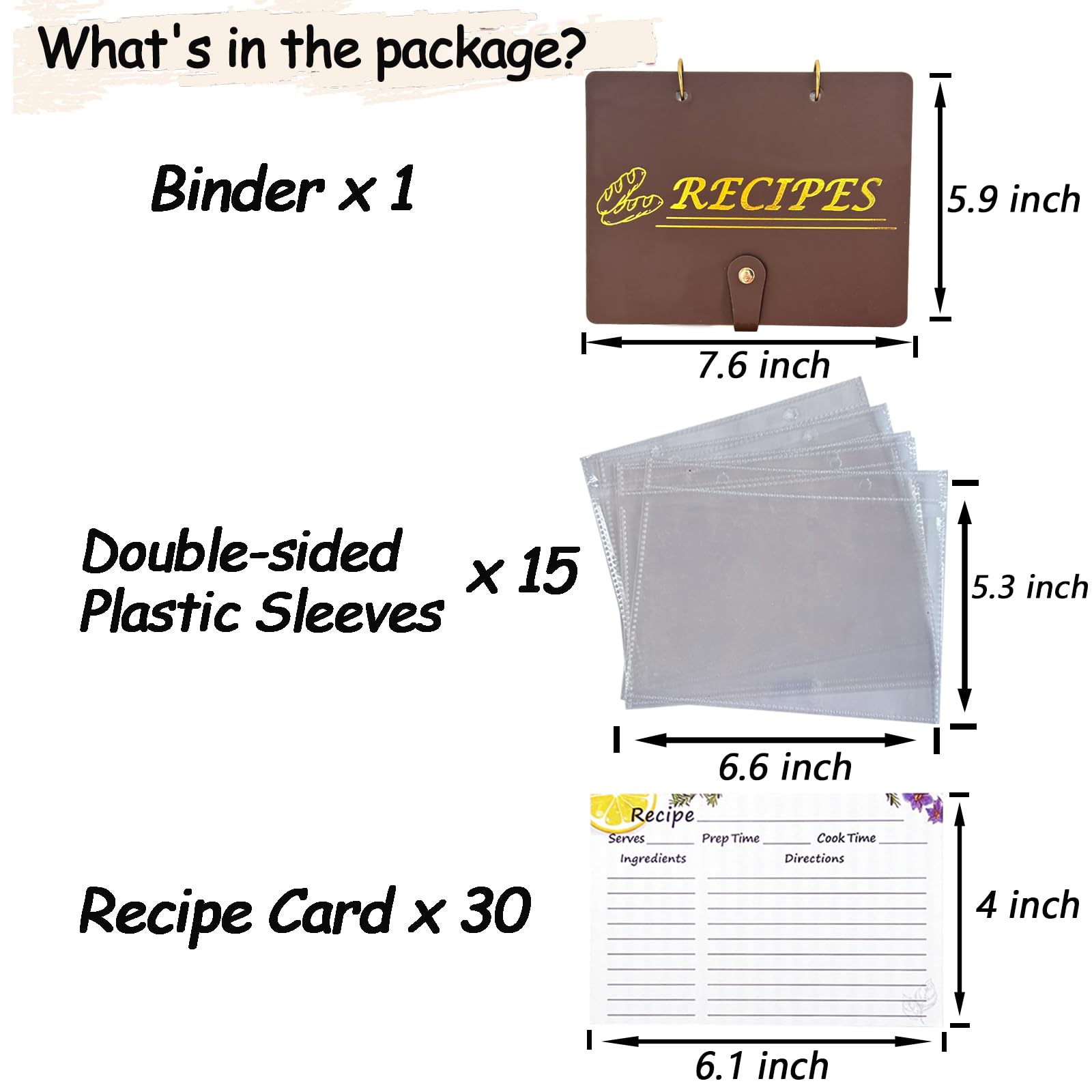 Raccoglitore per ricette con maniche in plastica, raccoglitore verticale per ricette da 10 x 15 cm, kit organizer per ricette fai da te e protezioni trasparenti per fogli (marrone/oro, per 30 carte)