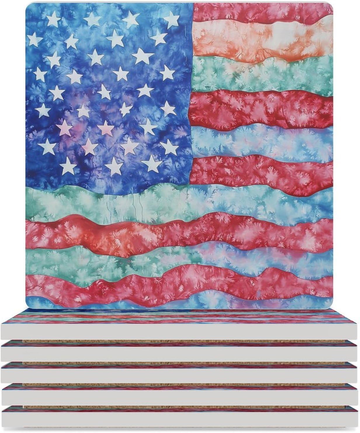 Tiedye U.S.A. Flag Funny Ceramic Coasters for Drinks Absorbent Cup Holder Tabletop Protector with Cork Base