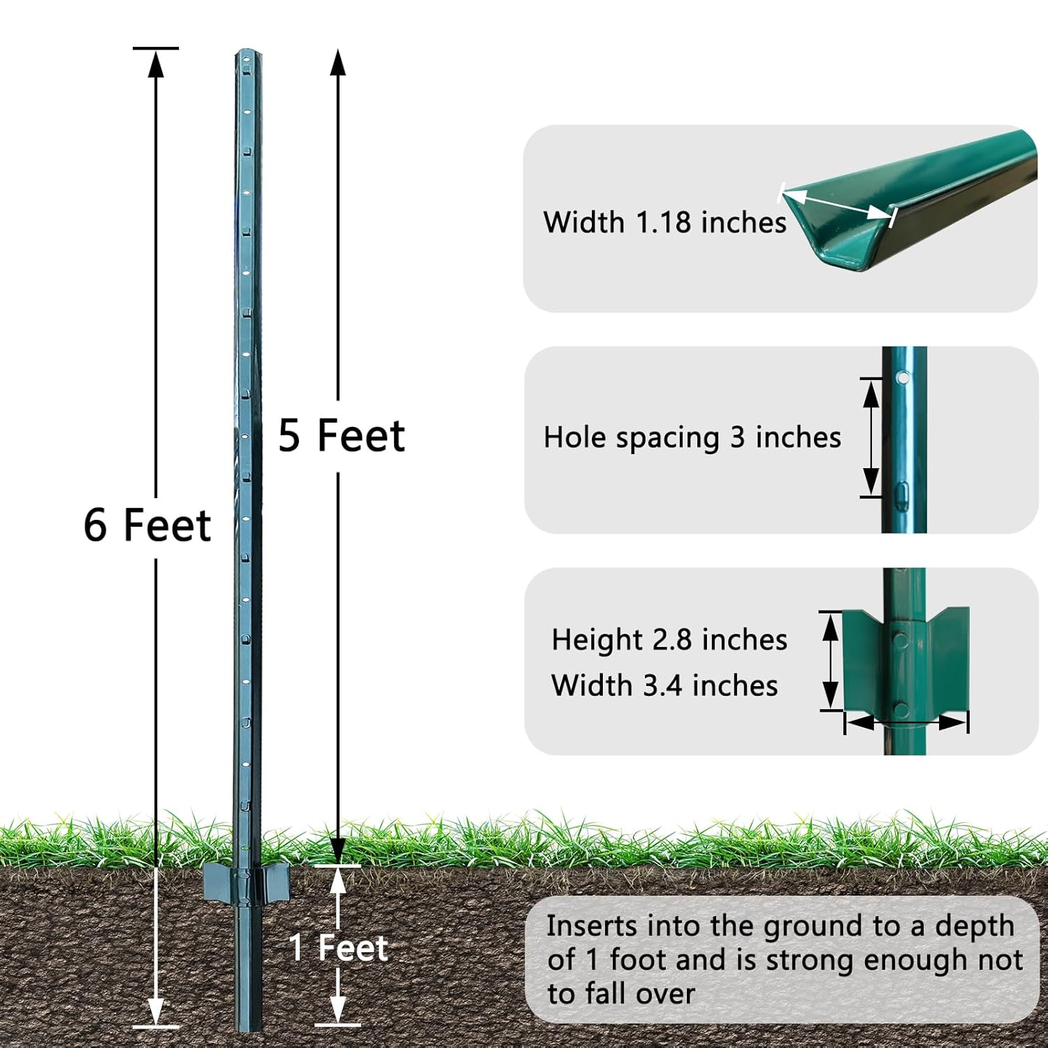 Thealyn 6ft Fence Posts, Pack of 10 - Sturdy Metal U-Posts & Step-in Stakes, No Digging Poles for Garden Wire Fencing and Yard Signs (Fits 5-ft Fence Mesh)