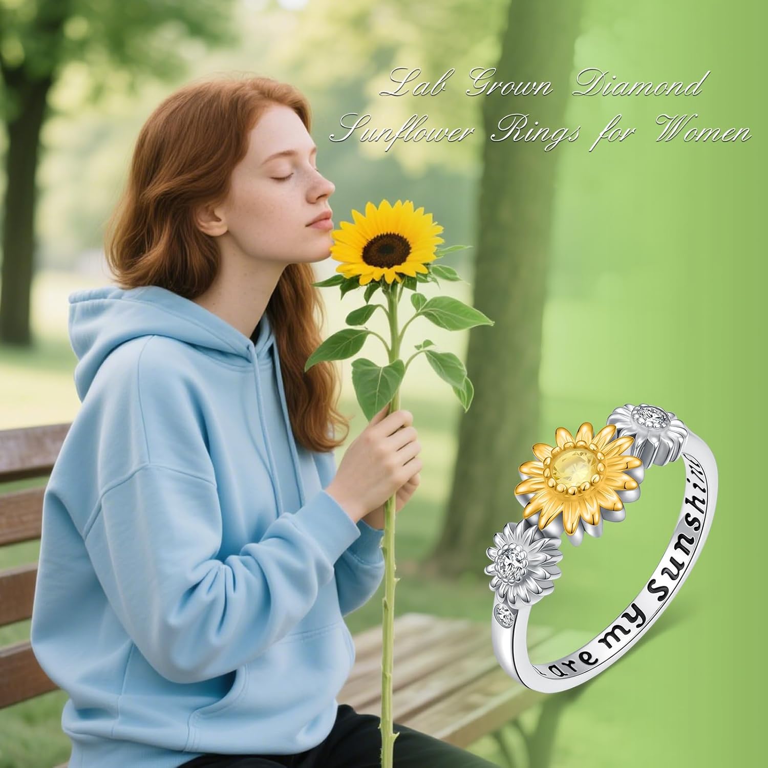 Lab Grown Diamond Sunflower Rings for Women,18K Gold Plated 925 Sterling Silver Three Sunflower Stacking Statement Band Jewelry Gifts for Graduation Birthday | You are My Sunshine - Image 3