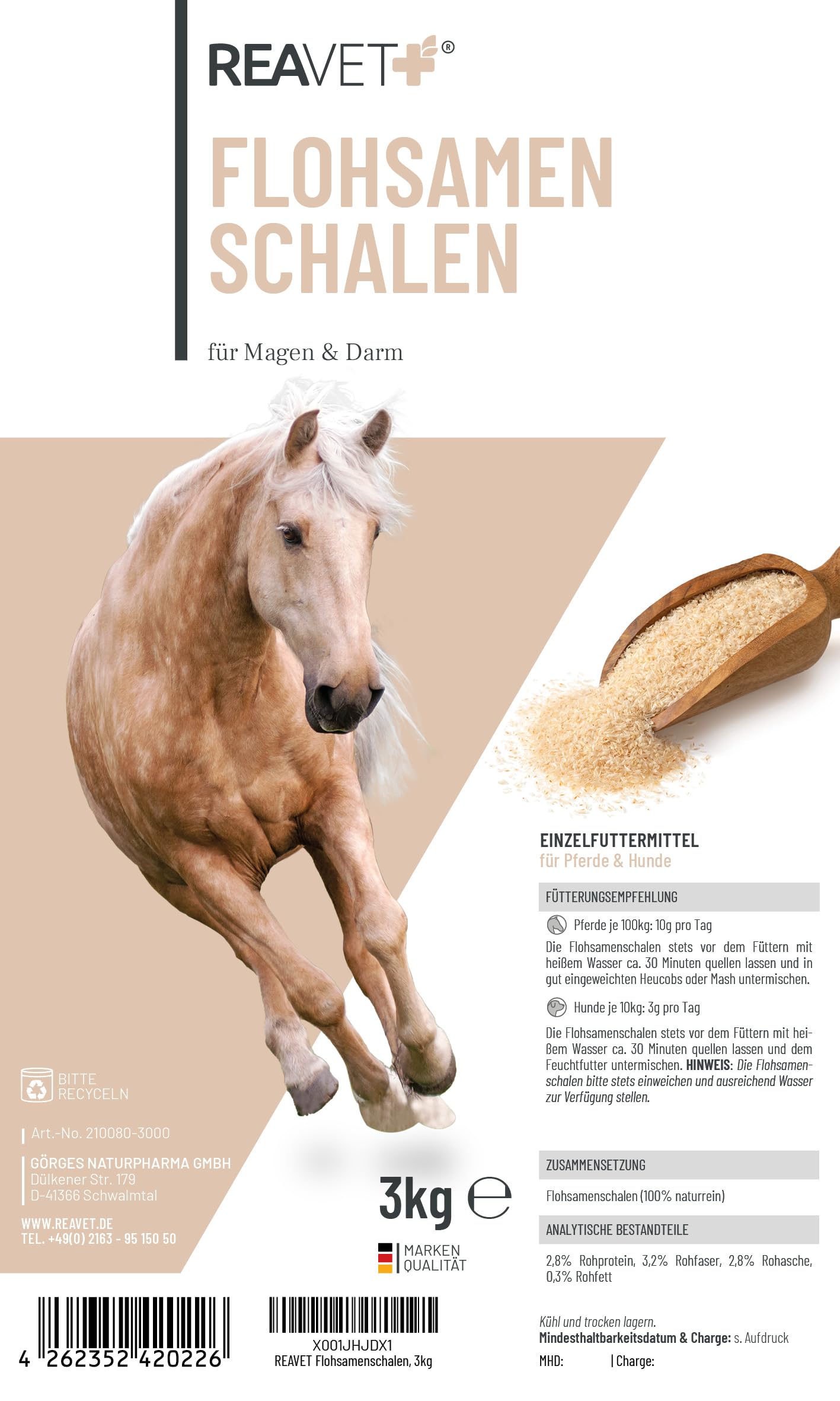 ReaVET Flohsamenschalen für Pferd & Hund 3kg - Naturrein in Premium Qualität, Ballaststoffreich, Glutenfrei I Flohsamen für Pferde, Hunde in Premiumqualität, Ohne Zusätze