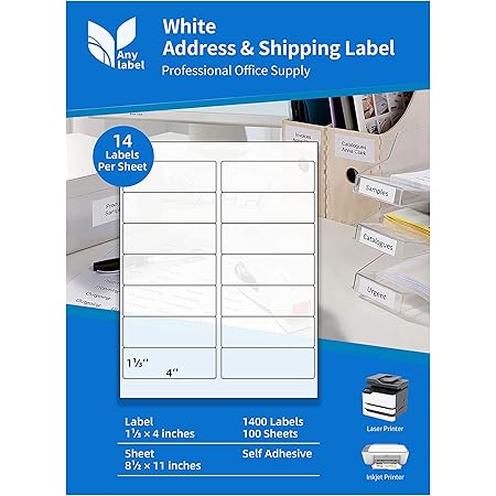 Anylabel 14 Per Page Mailing Labels 1-1/3" x 4" Shipping Address Sticker Paper for Laser & Inkjet Printer Permanent Adhesive Easy Peel (100 Sheets, 1400 Labels)