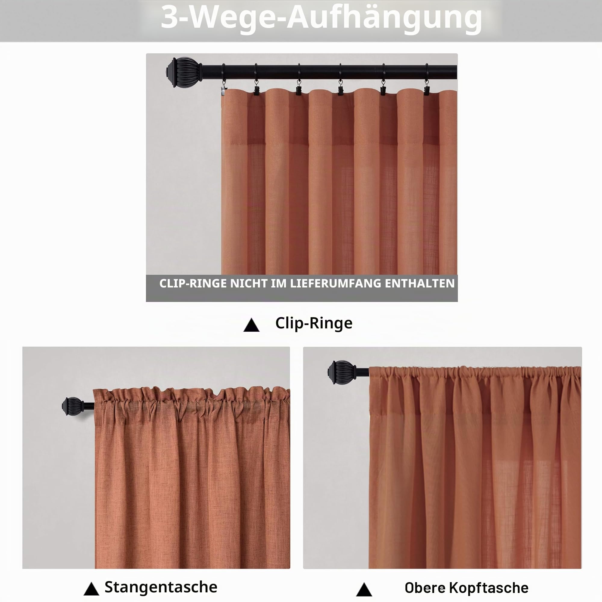 Mrs.Naturall Terrakotta-Leinenvorhänge, 259 cm lang für Wohnzimmer & Schlafzimmer, 2-teiliges Set mit Stangendurchzug, lichtdurchlässig, halbtransparent, in Rost-Orange, Western-Dekor, 132 x 259 cm