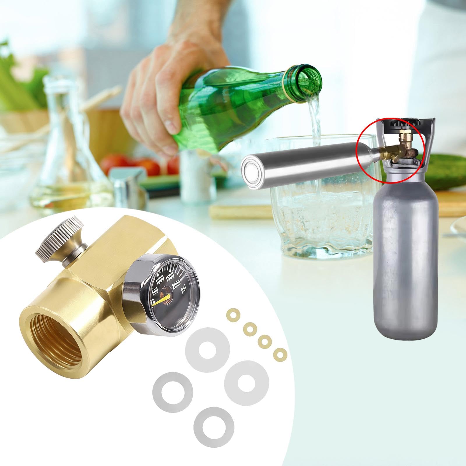 Adattatore Bottiglia Connettore Cilindro CO2 Ricarica Accessorio Valvola Ottone Compatto con Manometro per Ricambio Bombola Uso Domestico, Tr21 4 a W21 8 14