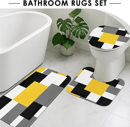 Miniatura 5 de ArtSocket Juego de baño geométrico amarillo con cortina de ducha y accesorios de alfombras, cortina de ducha moderna negra y gris, decoración de