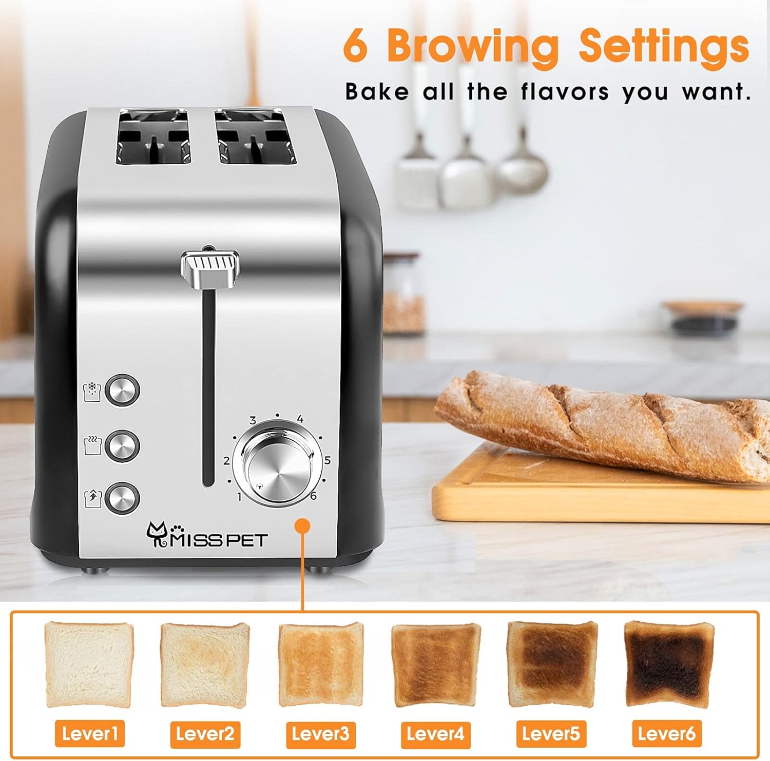 ALES 2 Slice toaster, Extra-Wide Slot Toaster with Reheat/Defrost/Cancel Function, 6 Shade Settings Compact Toasters for Bread Waffles, Removable Crumb Tray, Silver Black